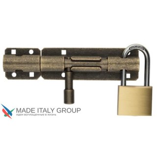 263OA30 Задвижка дверная, круглый ригель, с отверствием для навесного замка ALDEGHI 300мм античная бронза