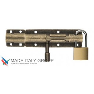 267OA30 Задвижка дверная усиленная, круглый ригель, с отверствием для навесного замка ALDEGHI 300мм античная бронза